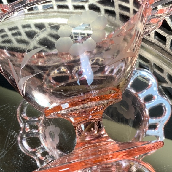 Vintage Old Colony Open Lace Compote Pink Etched Depression Glass MCM #N1 - Picture 4 of 6